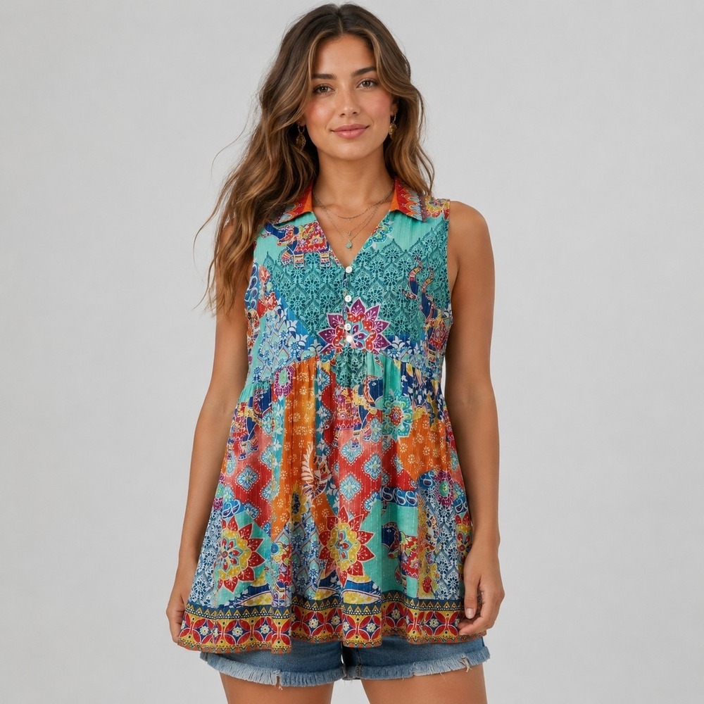 JOE BROWNS US 12/UK 16 Sleeveless Collared Button Front Patchwork Boho Tunic Top